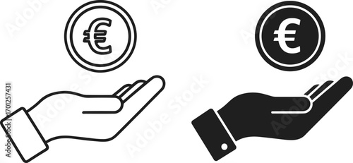 Euro coin in hand, financial transaction concept, currency exchange symbol, black and white vector illustration, donation or payment icon, economic support graphic