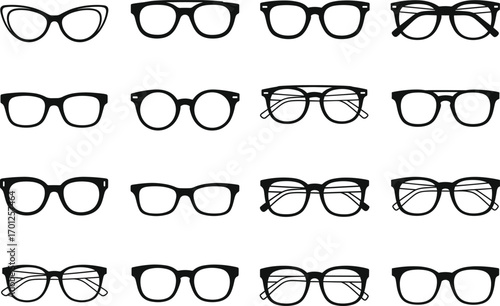 Eyeglass frame collection, stylish eyewear design, modern optical fashion, vector illustration set, trendy glasses shapes, minimalist rim styles, stock image for branding