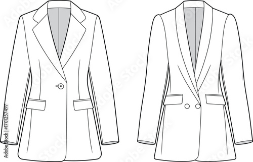 Fashion CAD drawing flat vector illustration of women’s blazer jacket, coat technical sketch, apparel design template, clothing pattern front view design