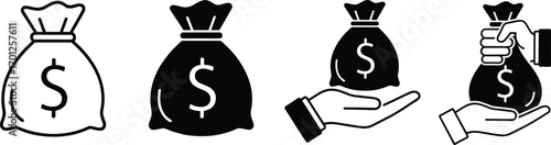 Money bag icon set, financial transaction symbols, hand exchange graphics, banking concept illustration, savings and investment vector, black silhouette design elements