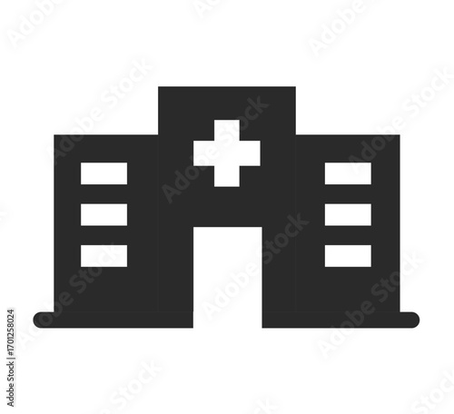 Black hospital building stencil icon silhouette with cross symbol on the roof, representing healthcare, emergency, clinic, doctor services, medical facility architecture, and public health care.