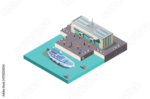 isometric port with sea transportation isolated on white background