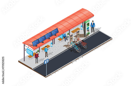 Isometric eco transport, electric vehicle charging station with solar panels, Suitable for Diagrams, Game Asset, And Other asset