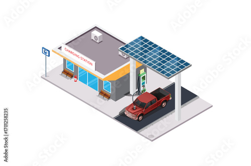 Isometric eco transport, electric vehicle charging station with solar panels, Suitable for Diagrams, Game Asset, And Other asset
