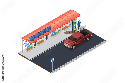 Isometric eco transport, electric vehicle charging station with solar panels, Suitable for Diagrams, Game Asset, And Other asset
