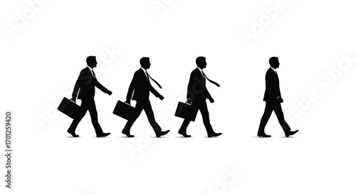 four silhouetted businessmen walking in a line carrying briefcases