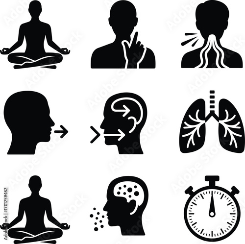 Art & IllustrationBreathing exercise icons, meditation and respiratory health, lungs and brain function, wellness illustration set for healthcare, yoga, mindfulness, therapy.