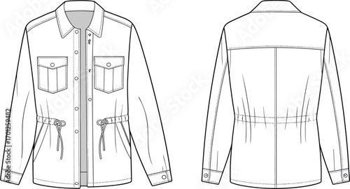 Jacket vector illustration, front and back view, fashion outerwear template, stylish clothing design, garment outline, apparel mockup, flat cad fashion drawing