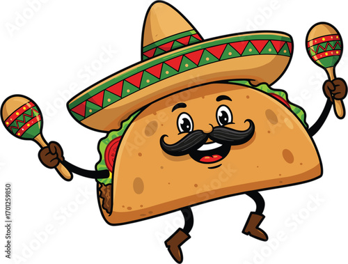 Cartoon taco character wearing sombrero, holding maracas, dancing happily, Mexican food mascot