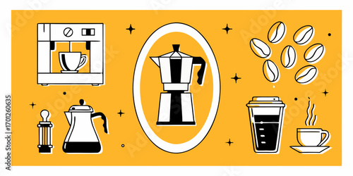A collection of stylized coffee making equipment and drinks on a vibrant yellow background