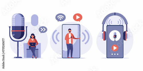 Podcast creation and listening concept with microphone people and mobile devices