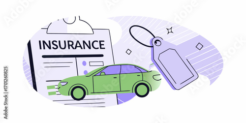 Car insurance policy document with a green car and a price tag concept illustration