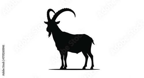 a silhouette of an ibex standing against white background