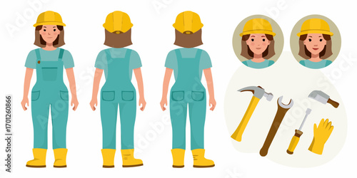 Female construction worker in overalls and hard hat shown from front and back with portraits and tools