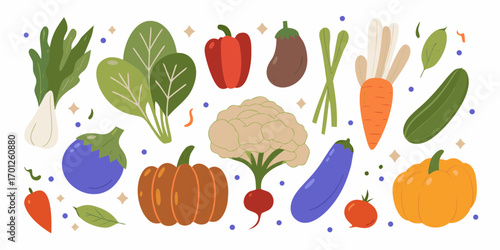 A vibrant collection of fresh vegetables and produce arranged in a playful pattern on a white background