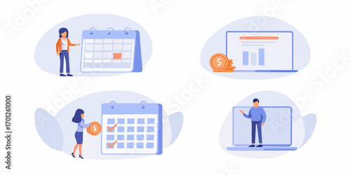 Business planning and financial management with calendar and laptop illustrations representing tasks and growth