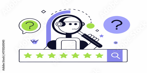 Robot with headset and magnifying glass researching customer feedback and star ratings on a search bar