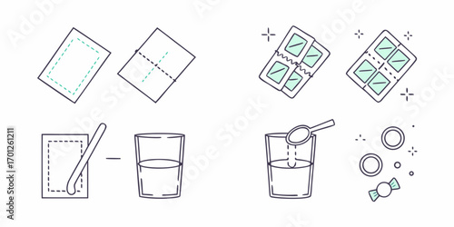 Step by step illustration of how to prepare and dissolve a tablet in water for consumption