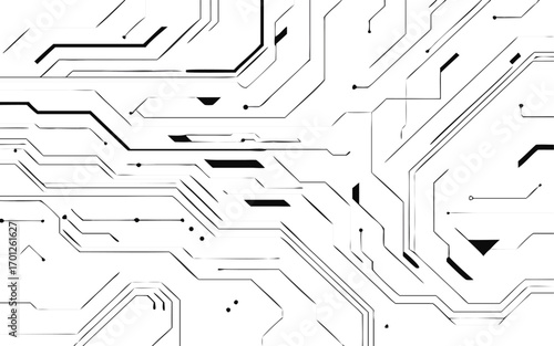 Abstract futuristic circuit board pattern with digital technology elements in a clean white background 
