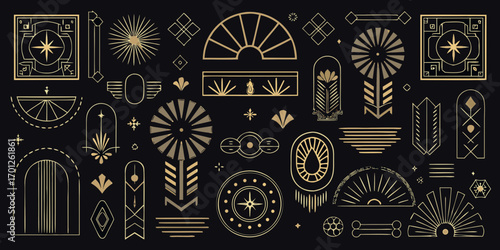 Collection of art deco geometric decorative elements in gold on a black background