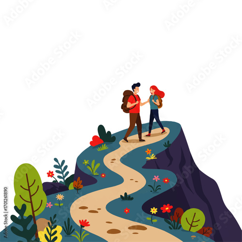 A couple with backpacks hiking up a winding path to the top of a mountain surrounded by colorful flowers and greenery.