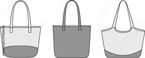 Tote bag fashion design vector, handbag flat sketch illustration, shopping bag template, stylish accessory drawing, reusable tote, cad vector illustration