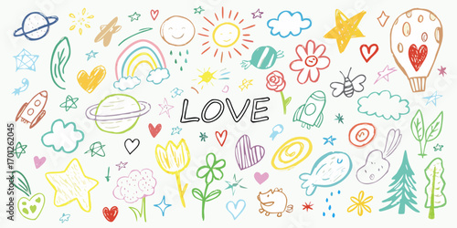 Whimsical hand drawn doodles featuring the word love surrounded by stars hearts sun and planets