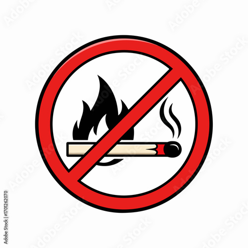 A bold prohibition sign clearly forbids open flames, featuring a stylized graphic of a lit and smoking matchstick crossed out with a red diagonal line.