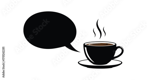 a steaming cup of coffee beside an empty speech bubble