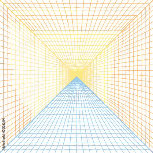 Gradient Geometric Tunnel Orange Yellow Blue Perspective Grid Digital Art