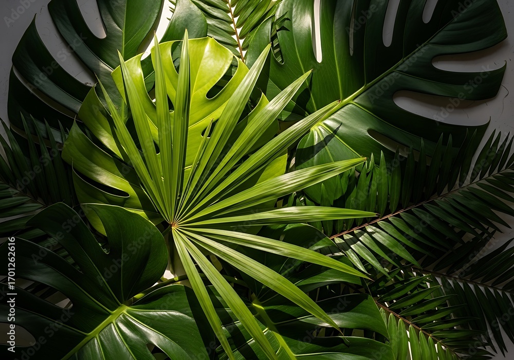 Obraz premium Tropical foliage background composition with monstera and palm leaves
