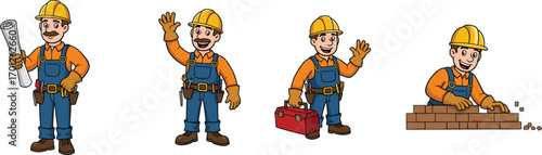 Cartoon construction workers, builder with blueprint, mason laying bricks, worker with toolbox, architect character, laborers, construction site, vector illustration, engineering
