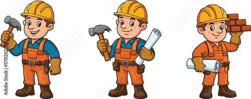 Cartoon construction workers, builder with hammer, worker holding blueprint, mason carrying bricks, construction character, laborer illustration, site engineer, project builder