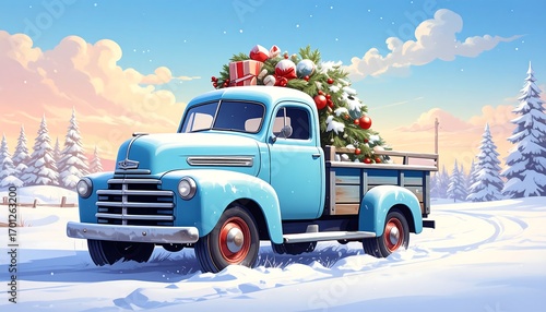 A vintage truck, adorned with a festive Christmas tree, navigates a snowy winter landscape.