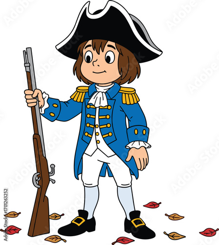 Cartoon soldier character, historical military uniform illustration, vintage army artwork, colonial officer costume design, vector child soldier drawing, classic history clipart