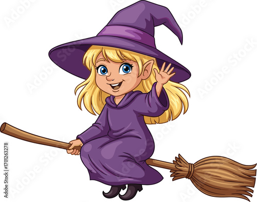 Cartoon witch character, cute young witch illustration, Halloween girl on broomstick, magical fantasy artwork, vector design, smiling child witch drawing