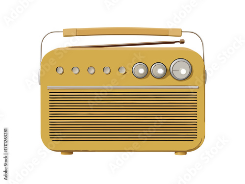 A beautifully rendered close up of a retro yellow radio receiver with antenna and controls for music listening. 
