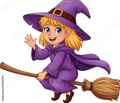 Cartoon witch girl, cute young witch illustration, magical Halloween character on broomstick, smiling child artwork, fantasy vector design, spooky witch drawing