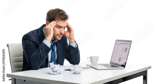 Stressed businessman looking at financial report on laptop modern illustration inspired by Stressed businessman