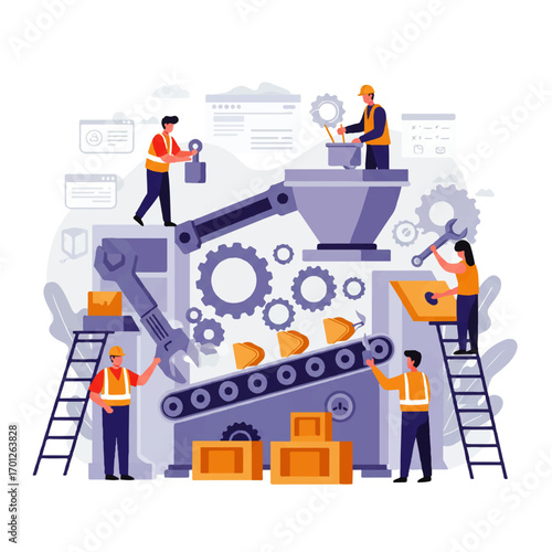Illustration of workers maintaining and operating a complex industrial machine with conveyor belt, gears, and robotic arm in a factory setting.