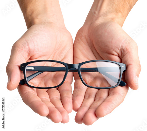 top view of glasses in open hand isolated on white background