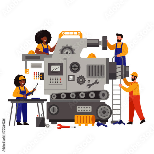 A diverse team of engineers and technicians are working on a large industrial machine, performing maintenance and repairs with tools and safety gear.