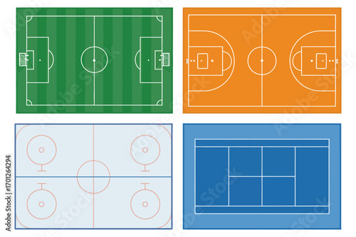 Sports Arena and Playfield Vector Bundle,  Collection of Soccer Football Pitch, Tennis Court, Basketball Court, and Ice Hockey Rink Mockups for Strategy and Coaching Tactics Design