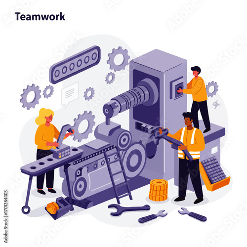 Three workers collaborate on a large industrial machine, using tools and gears to maintain or repair the equipment in a teamwork setting.