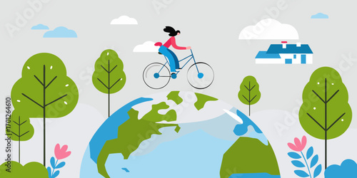 Woman riding a bicycle on top of the earth surrounded by trees and a house symbolizing eco friendly living
