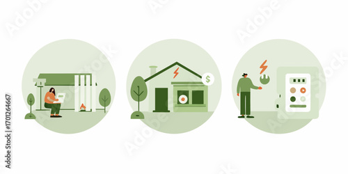 Modern illustration depicting energy efficiency smart home technology and cost savings for homeowners
