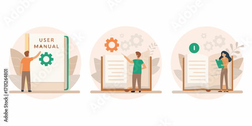 Illustrations of people interacting with user manuals and technical documentation for guidance and information