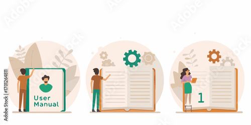 People interacting with user manuals and instructional guides for learning and support