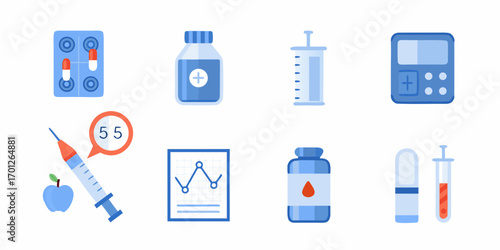 Collection of medical icons representing diabetes care including blood glucose monitoring and medication