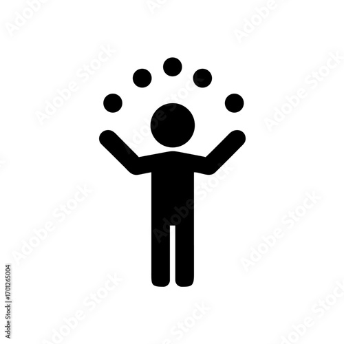 A flat minimalist icon of a juggler figure tossing some  balls.